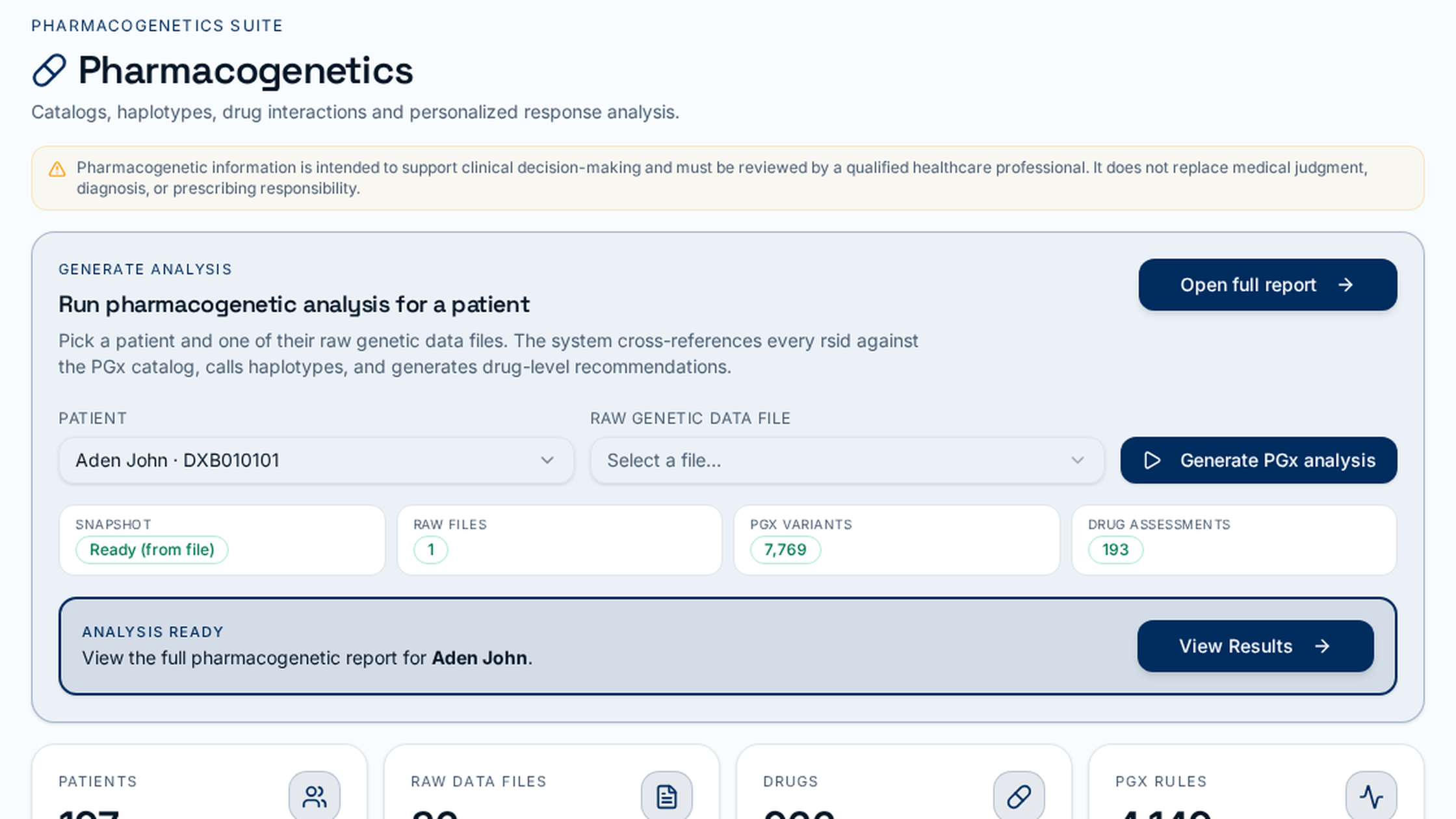 Pharmacogenetics Engine — Analysis screen: patient, DNA file, gene-version detection