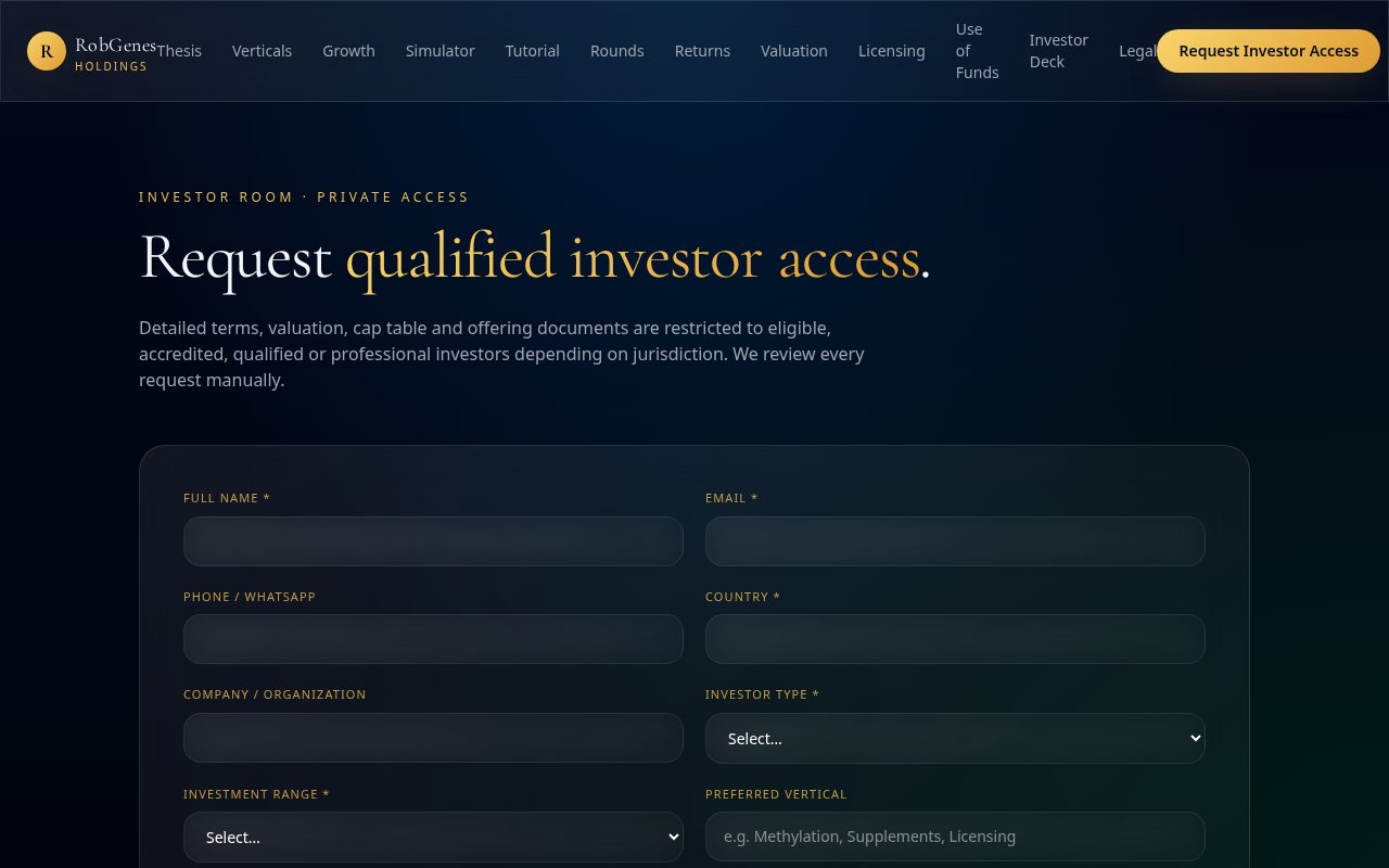 Investor Room — RobGenes platform screen